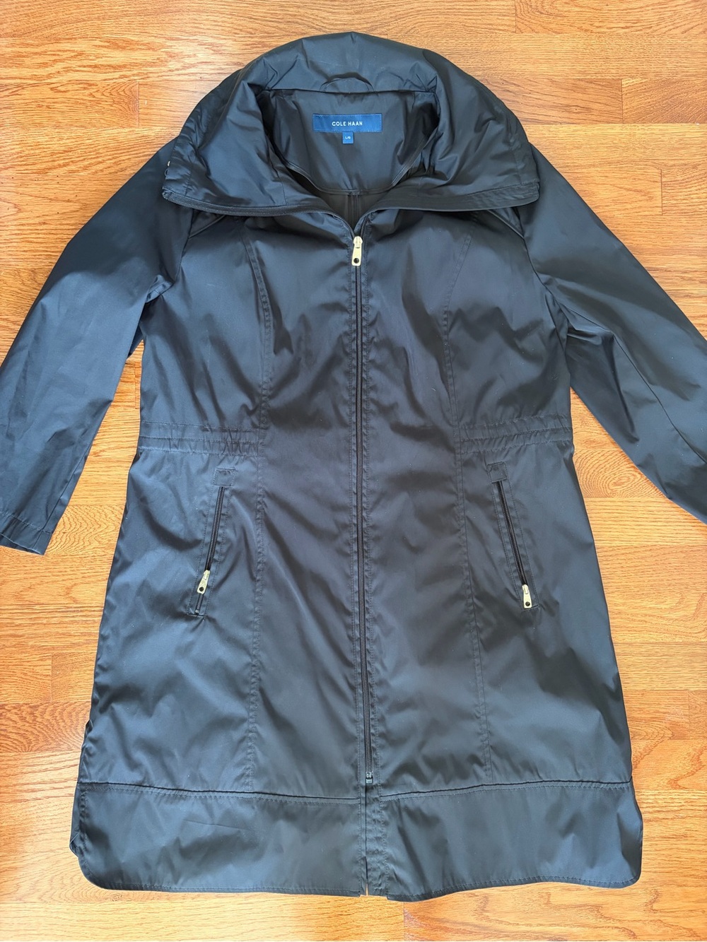 Cole Haan Zip Front Cinch Waist Rain Jacket Trench Coat Gold Hardware Large